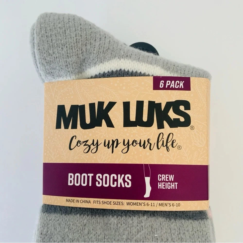 Muk Luks Crew Boot Socks Pink/Gray 6-Pack Fits Women’s Shoe Sizes 6-11 NWT
